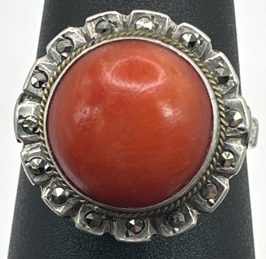 Sterling Silver Coral Marcasite Ring Sz 6 Vintage