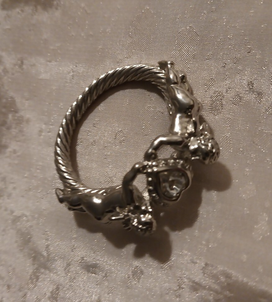 Vintage Kirks Folly Cherub Heart Brooch Silvertone Signed Estate Costume Jewelry