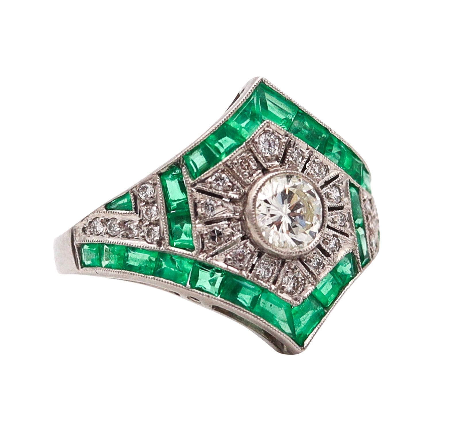 ART DECO 1930 Geometric Ring In Platinum With 2.67 Ctw In Diamonds And Emeralds