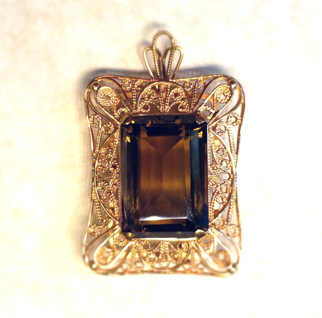 VINTAGE STUNNING RARE 14K ROSE GOLD SMOKY QUARTZ 16.8 GRAM PIN BROOCH PENDANT