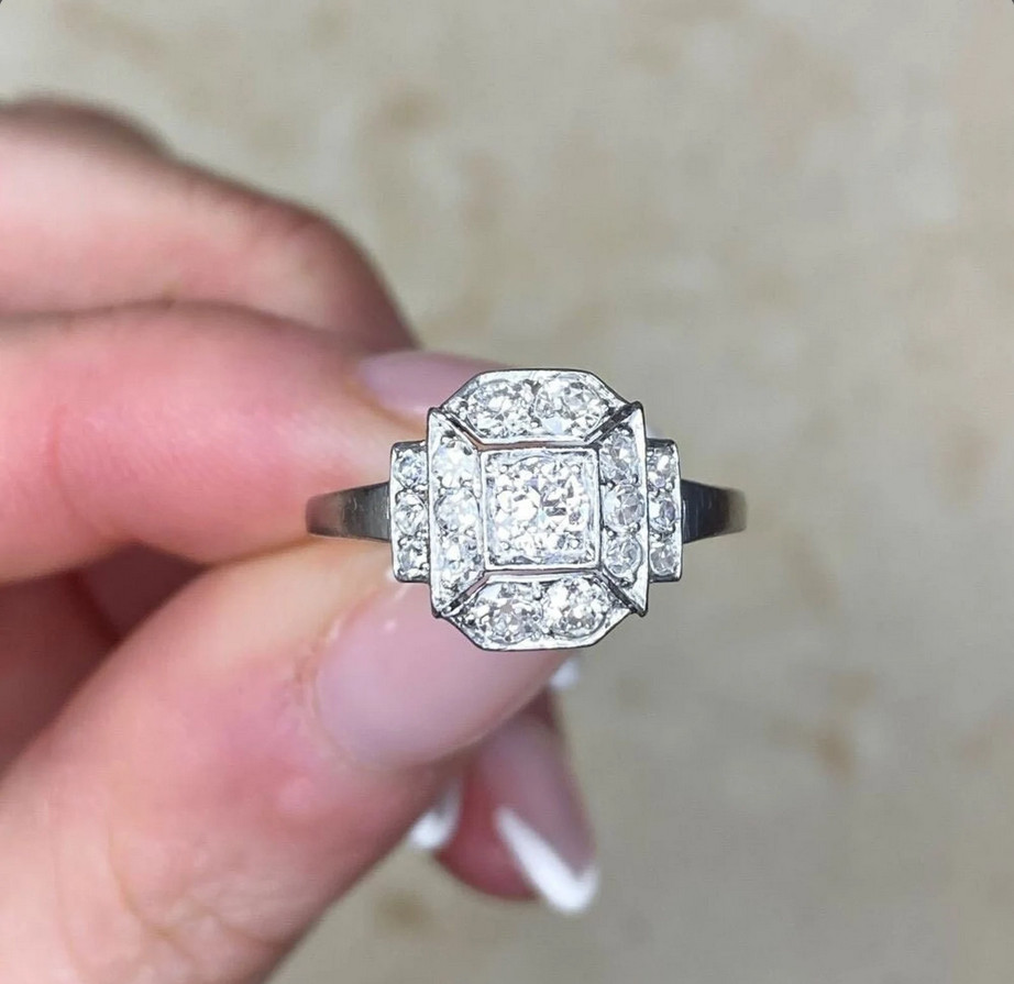 Art Deco Style Circa 1930 Lab Created Diamond Halo 925 Silver Engagement Ring