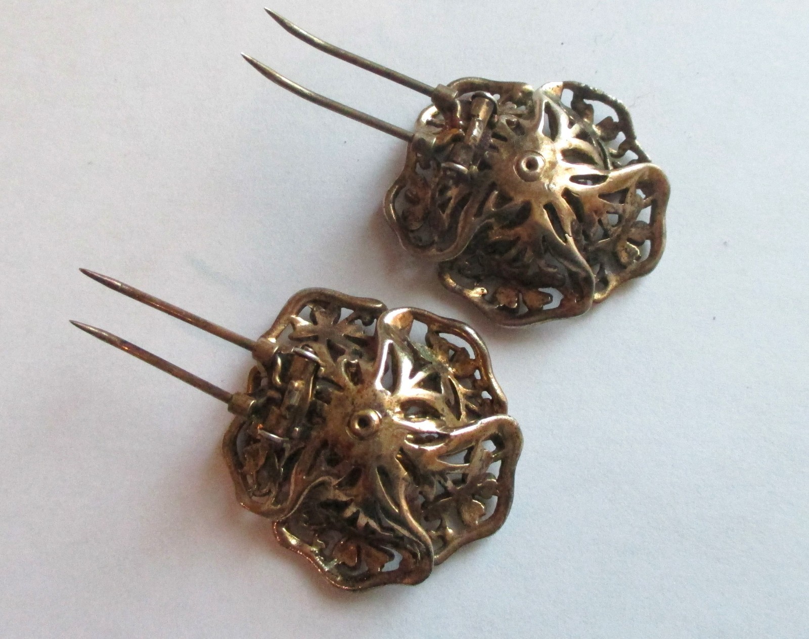 PAIR VINTAGE STERLING SILVER RHINESTONE FUR CLIP BROOCH GOLD WASH FLOWER LOT