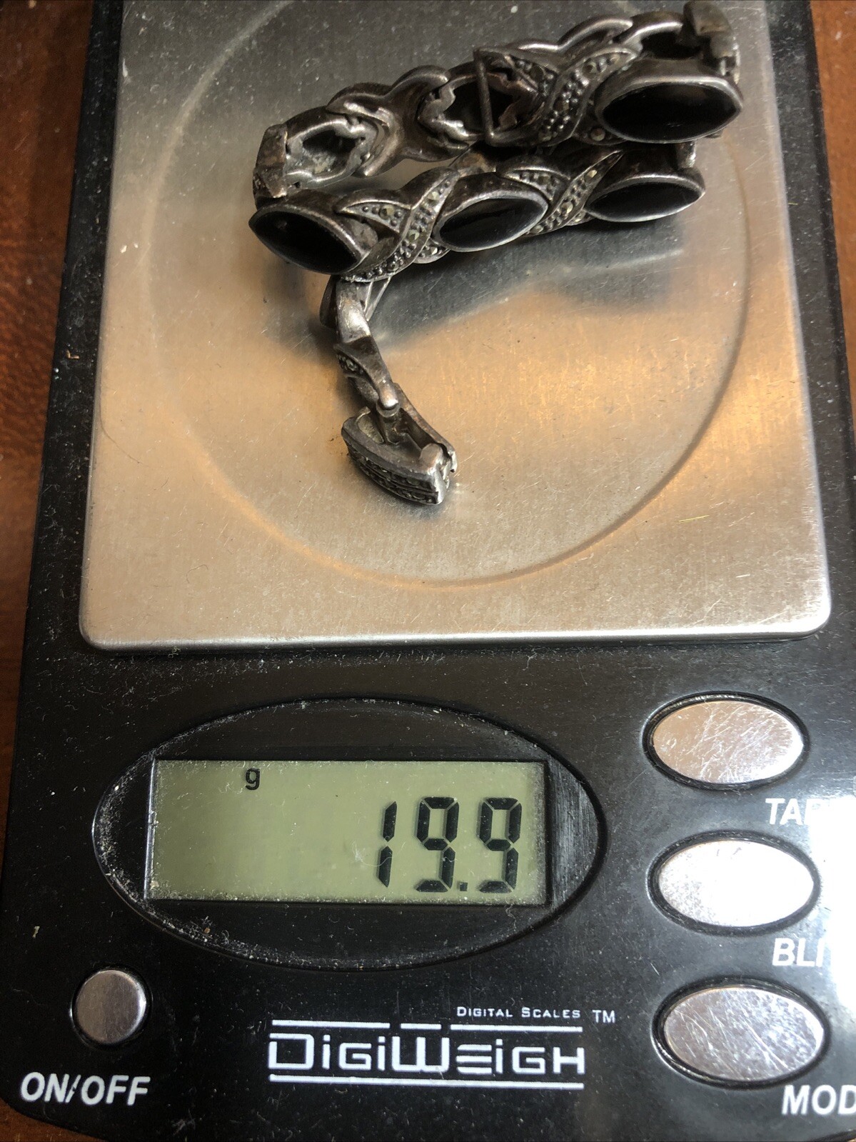 19. Art Deco Sterling 925 Black Onyx Marcasite Tennis X bracelet 19.9g, 6 3/4″