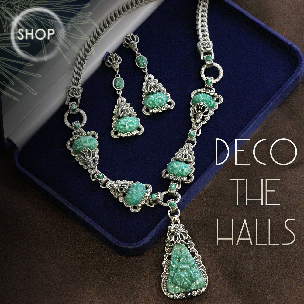 Art Deco Vintage Green Jade Glass Necklace and Earrings N1095