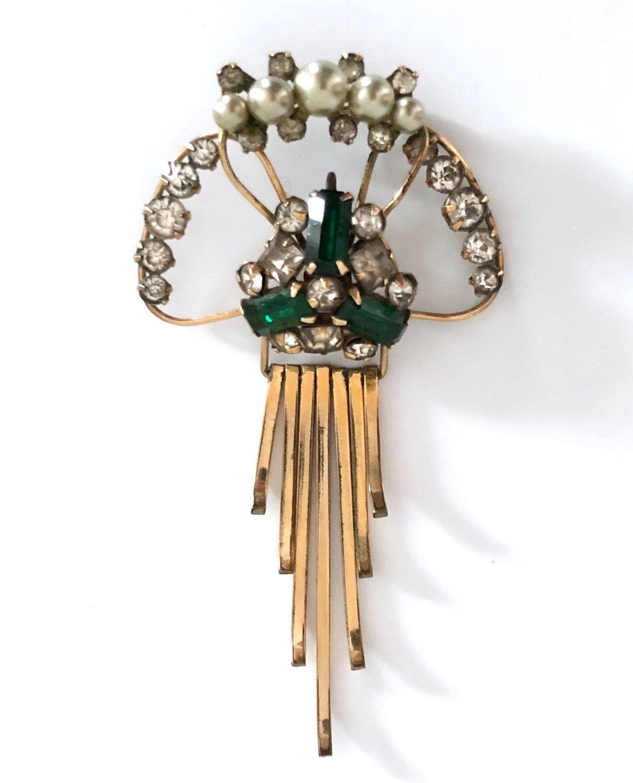Gold Filled M&S Brooch Pendant 12KT GF Green Stones Prong Set Art Deco Vintage