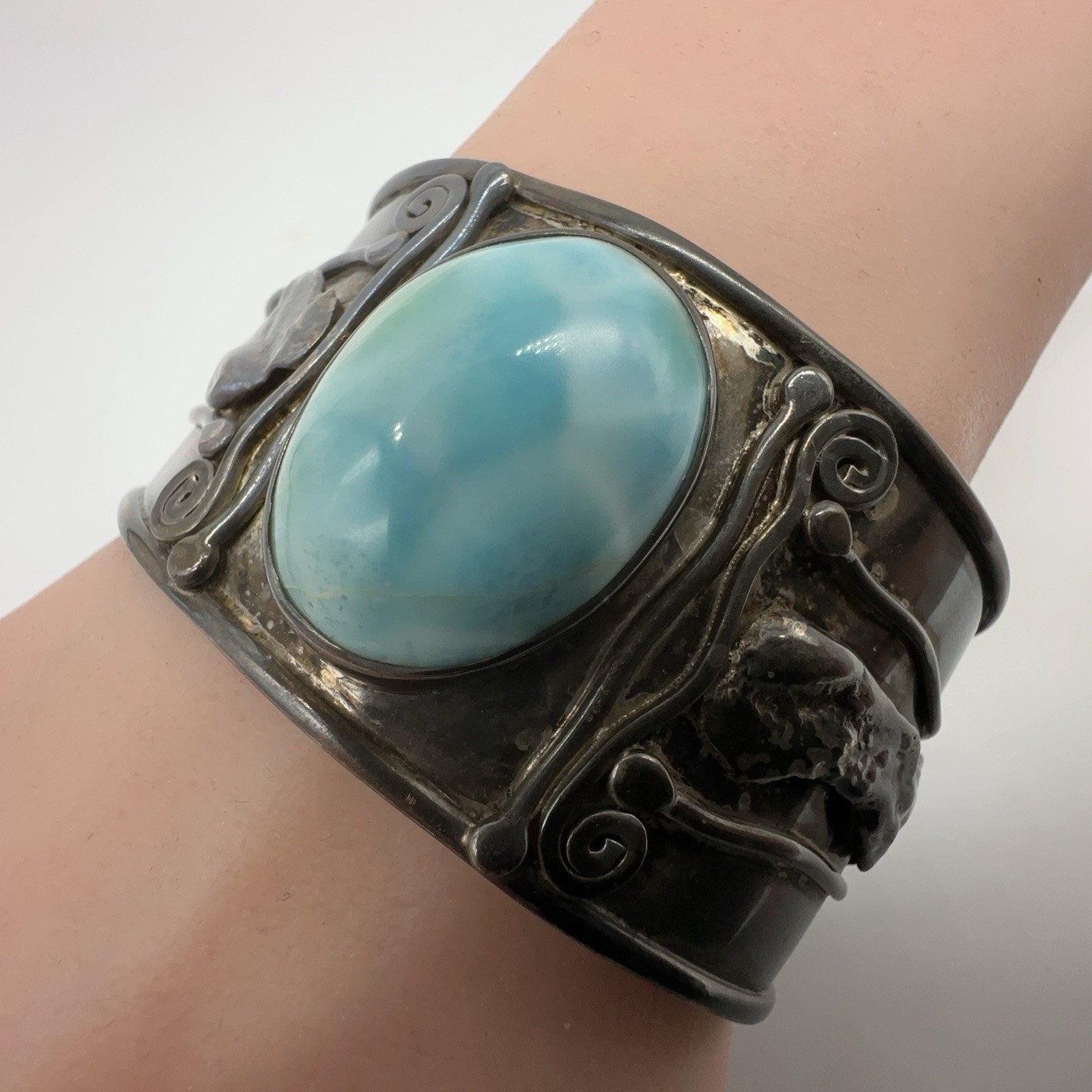 VTG Signed 980 Sterling Silver Larimar Cuff Bracelet 55.1g #bes