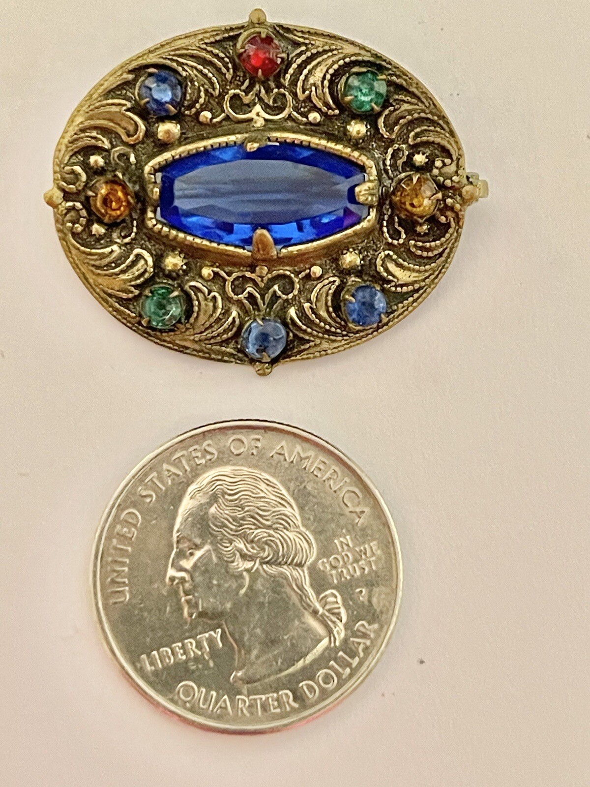 Art Nouveau Blue Lozenge Fruit Salad Czech Glass Goldtone Filigree￼ Brooch