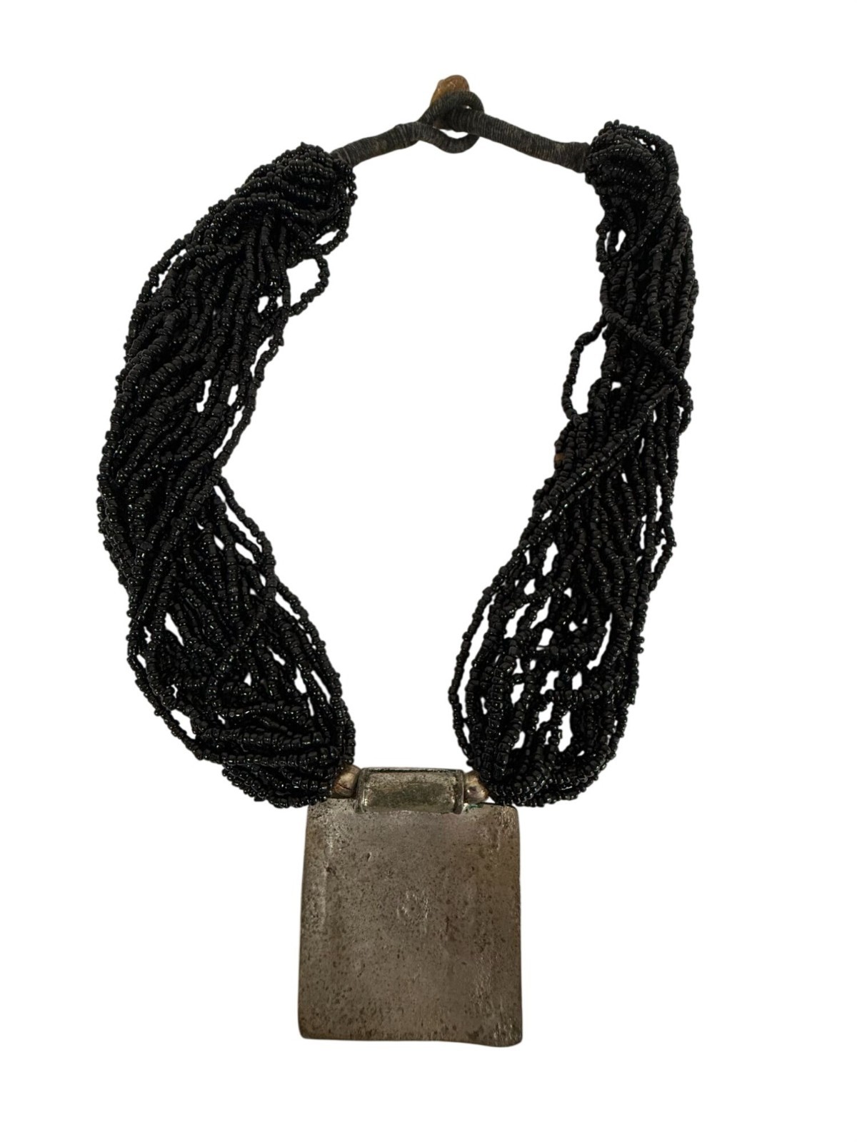 Vintage Multistrand Black Beaded Necklace With Ornate Square Silver-Tone Pendant