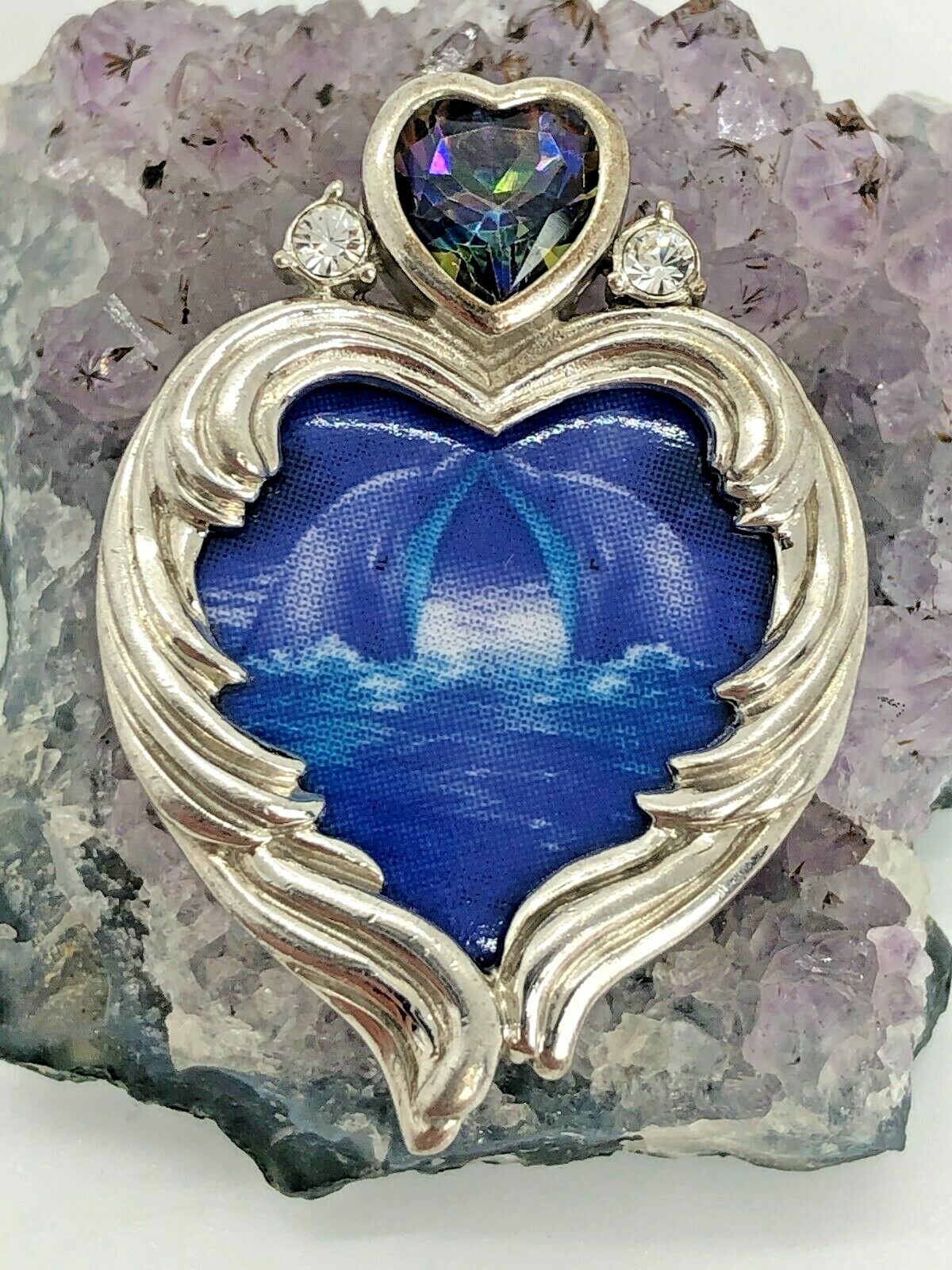 BGE Sterling Silver 7mm Mystic Topaz Kissing Dolphins Heart Pendant 8.4 Grams