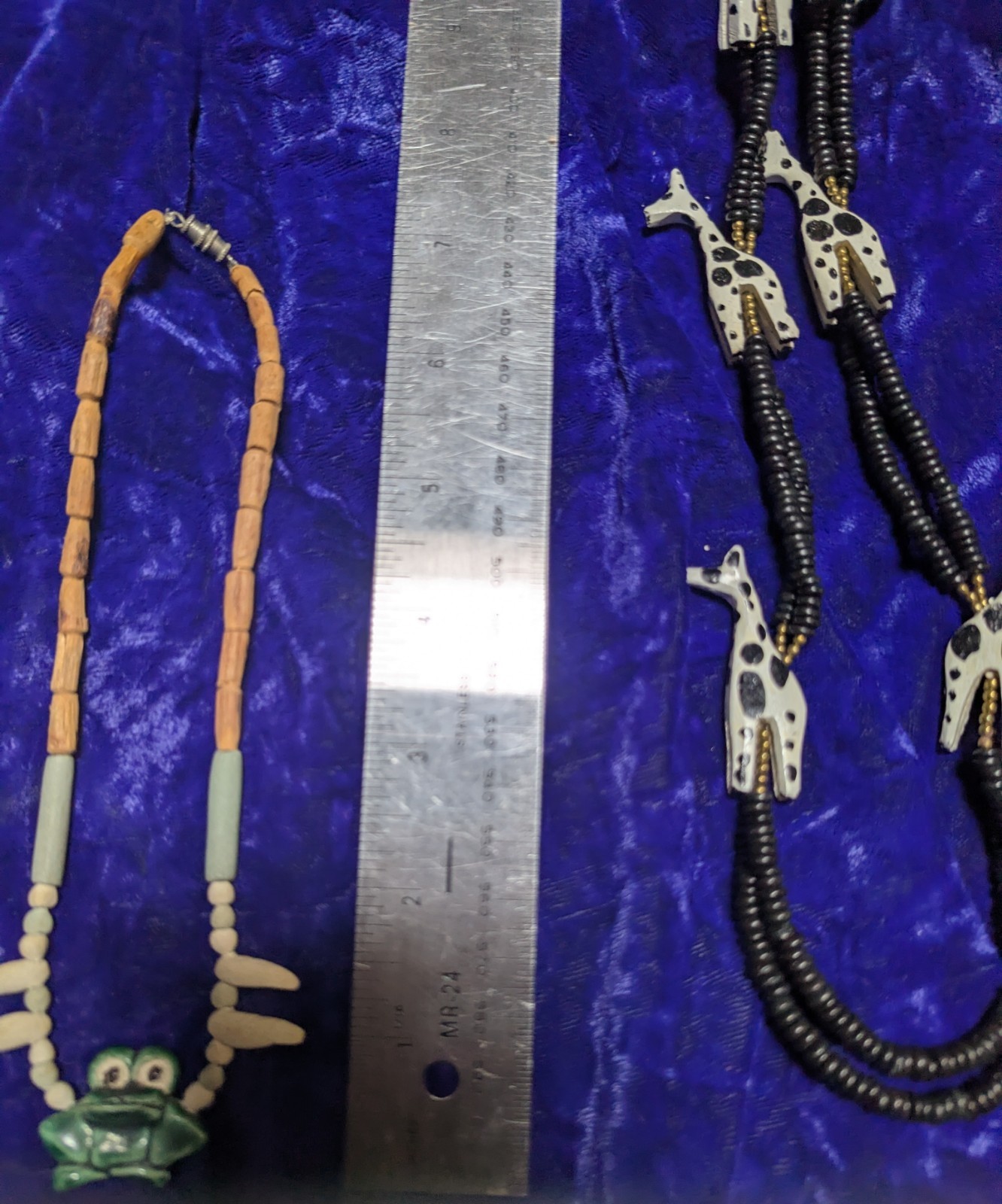 African Wood Giraffe And Bead Hand Made Ceramic Frog Necklaces. Avon Owl Brooch