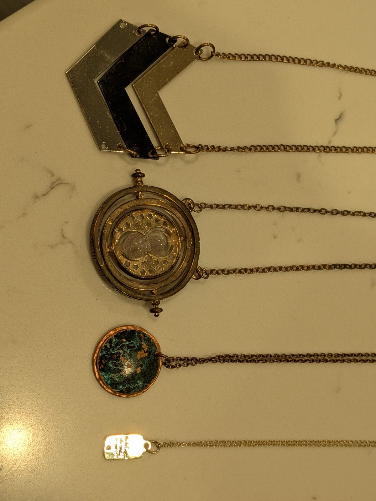 Lot of 4 Statement Necklaces | Chevron Geometric, Time Turner Style – Gold Tone