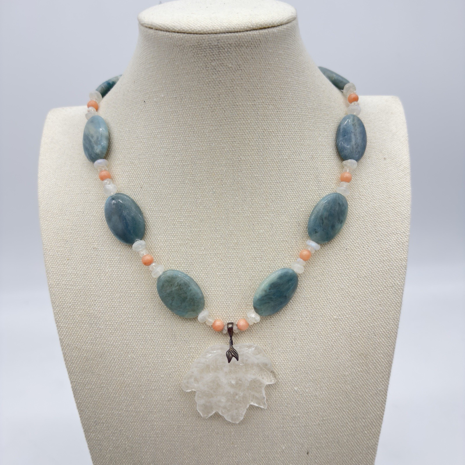 Vtg Sterling Carved Rock Crystal Necklace Angel Skin Coral Moonstone WOW