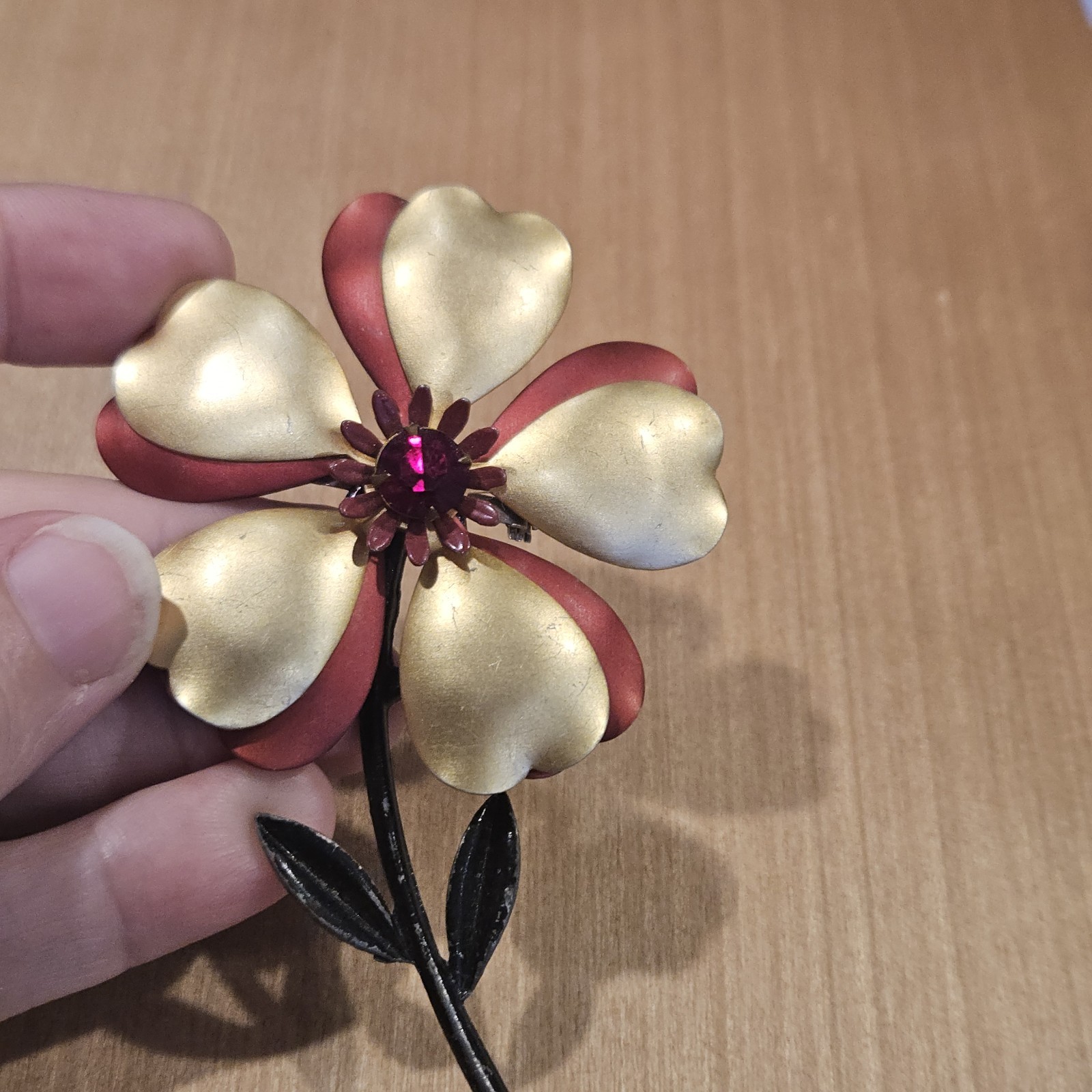 Vintage Enamel Copper Flower Power Brooch Pin Red Heart Rhinestone