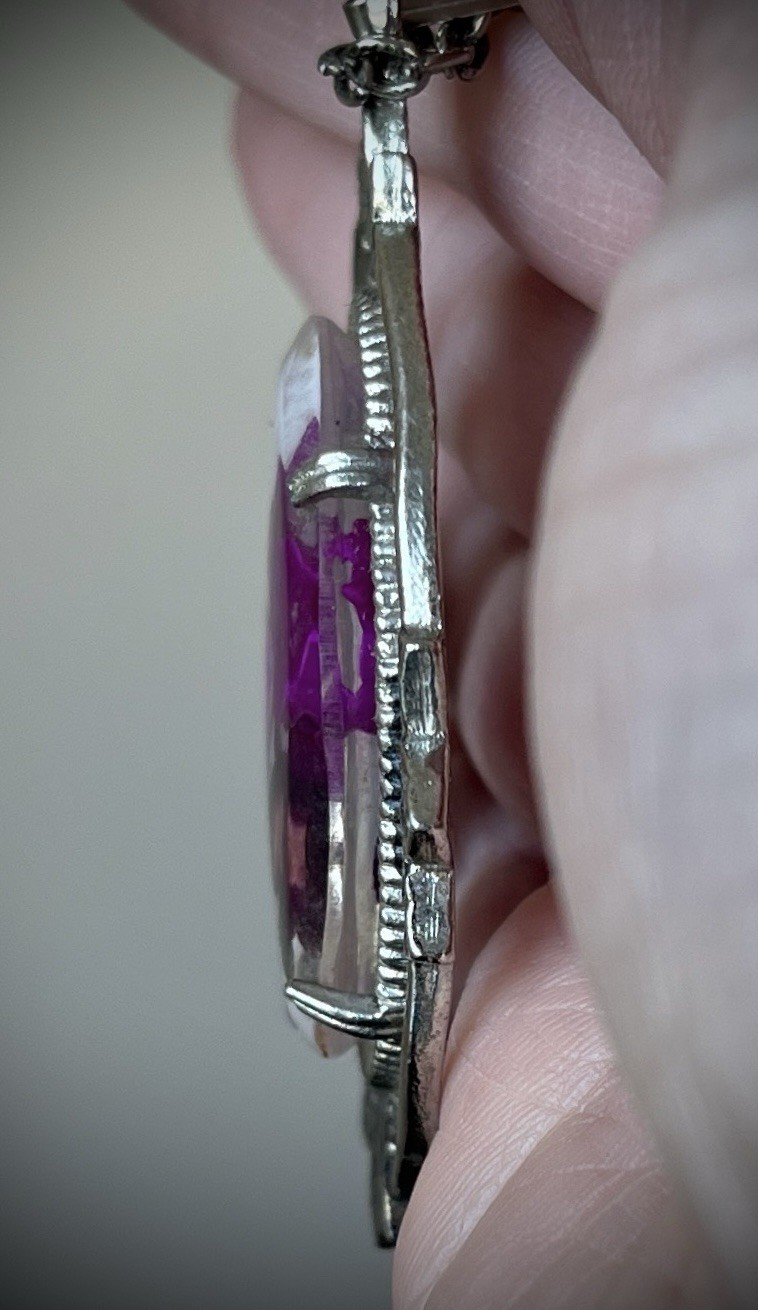 Vintage purple flower orchid in lucite acrylic and metal pendant Necklace