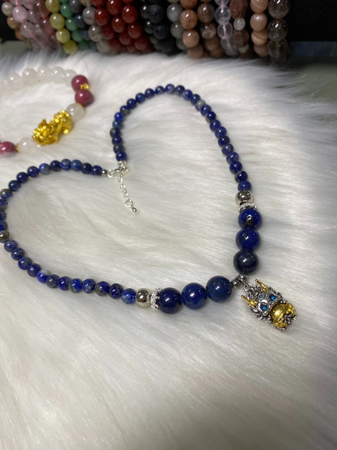 Natural Lapis Lazuli Beaded Necklace with Chinese Dragon Pendant Protection Amul