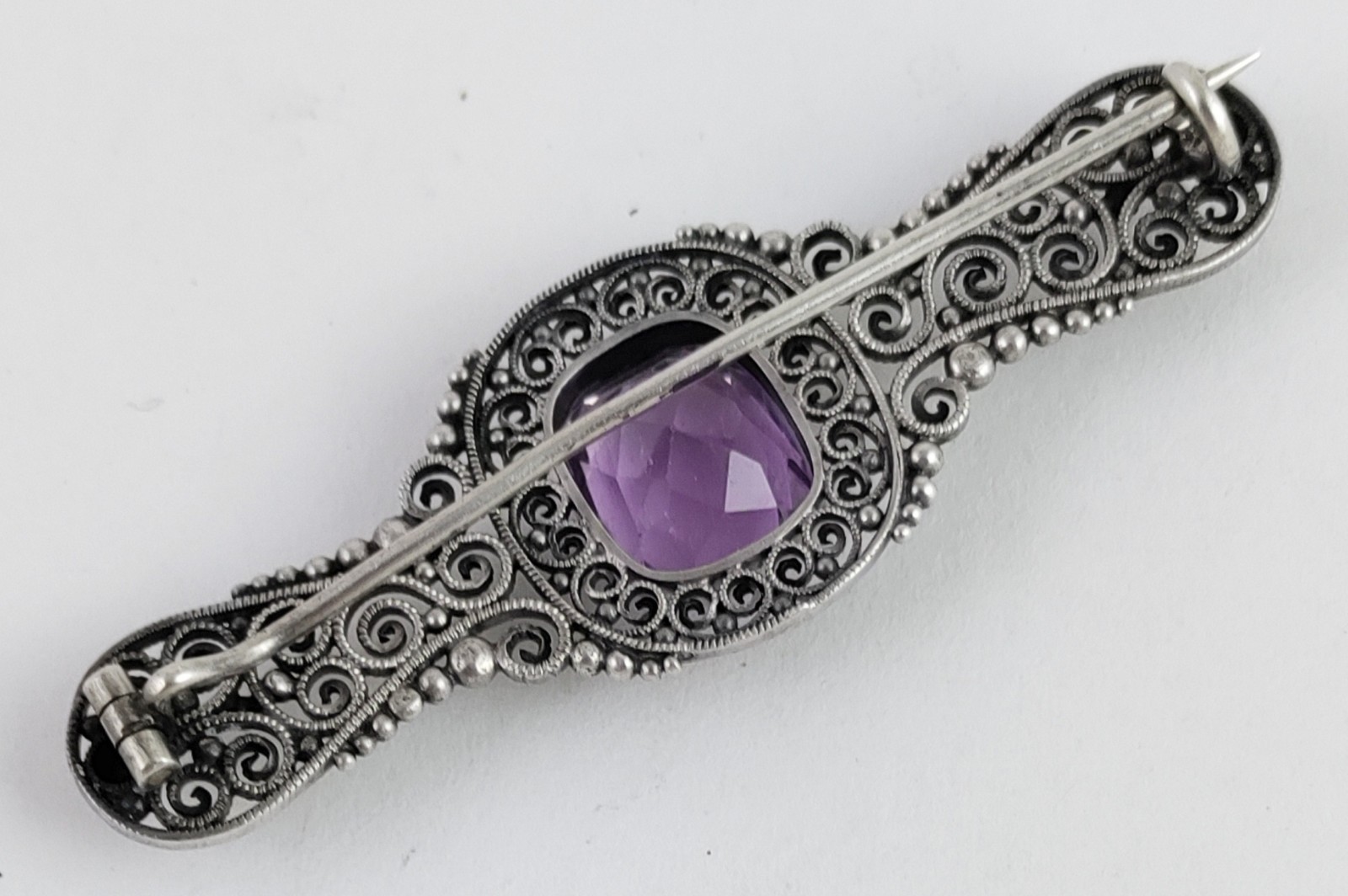 Antique 800 Silver Cannetille Filigree Pin w/Bezel Set Faceted Amethyst Stone