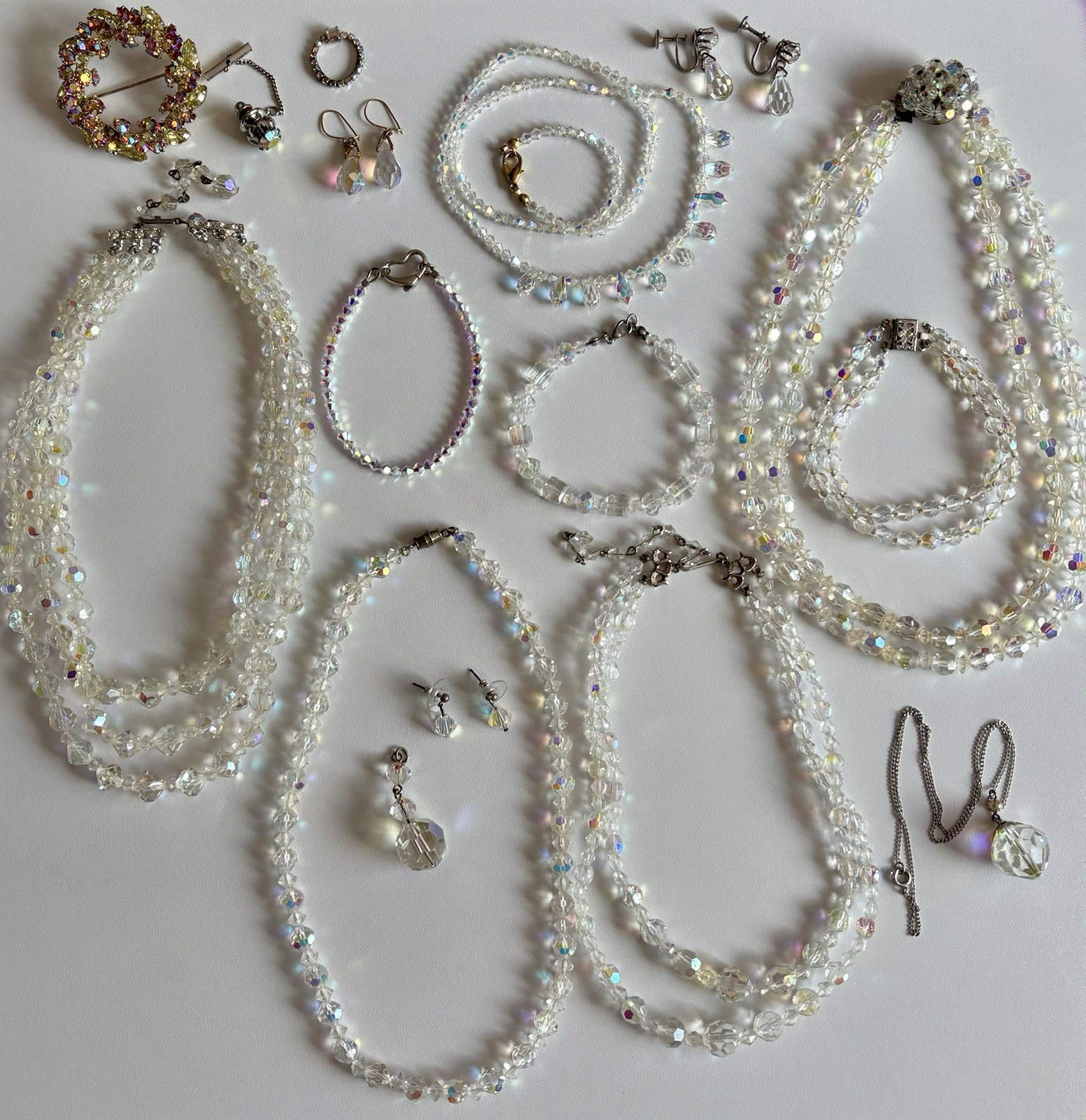 Vintage Crystal Aurora Borealis Necklace Bracelet Earrings Brooch Pin Ring Lot