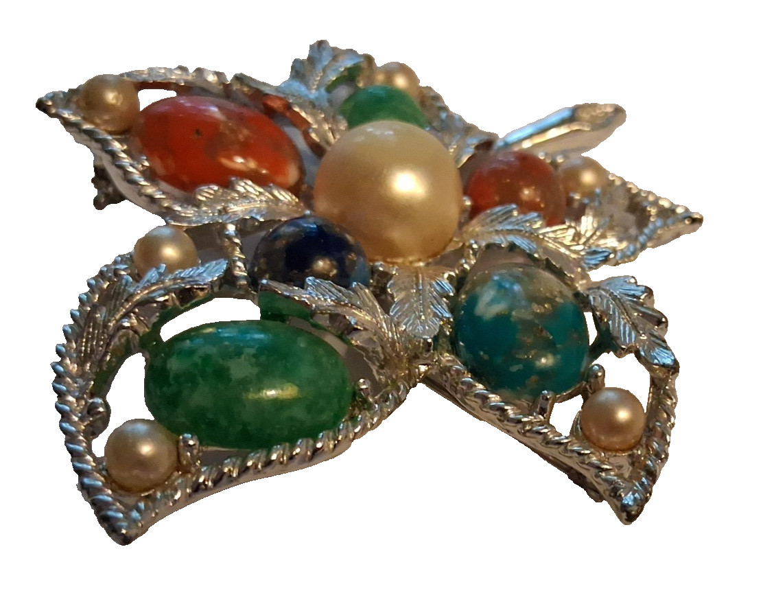 Vtg 1968 UV Glow SARAH COVENTRY Fantasy Brooch Silver Leaf Multicolor 3″ x 2.25″