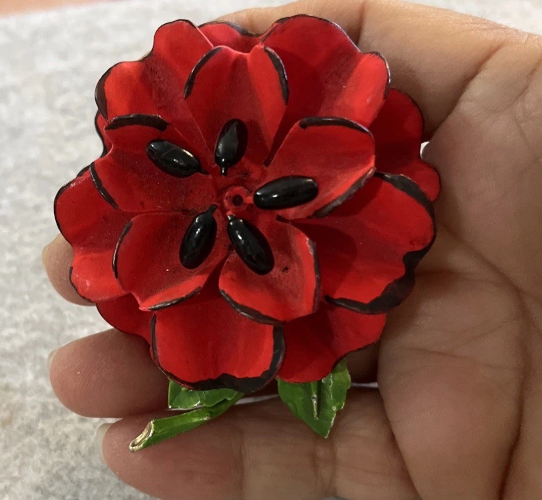 Vintage 1960s Red Enamel Poppy Flower Brooch Pin Mod Retro Boho Unsigned