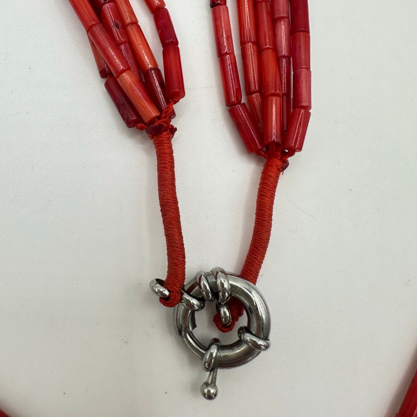 Vintage handmade 5 multi strand genuine red coral branch beads beaded necklace