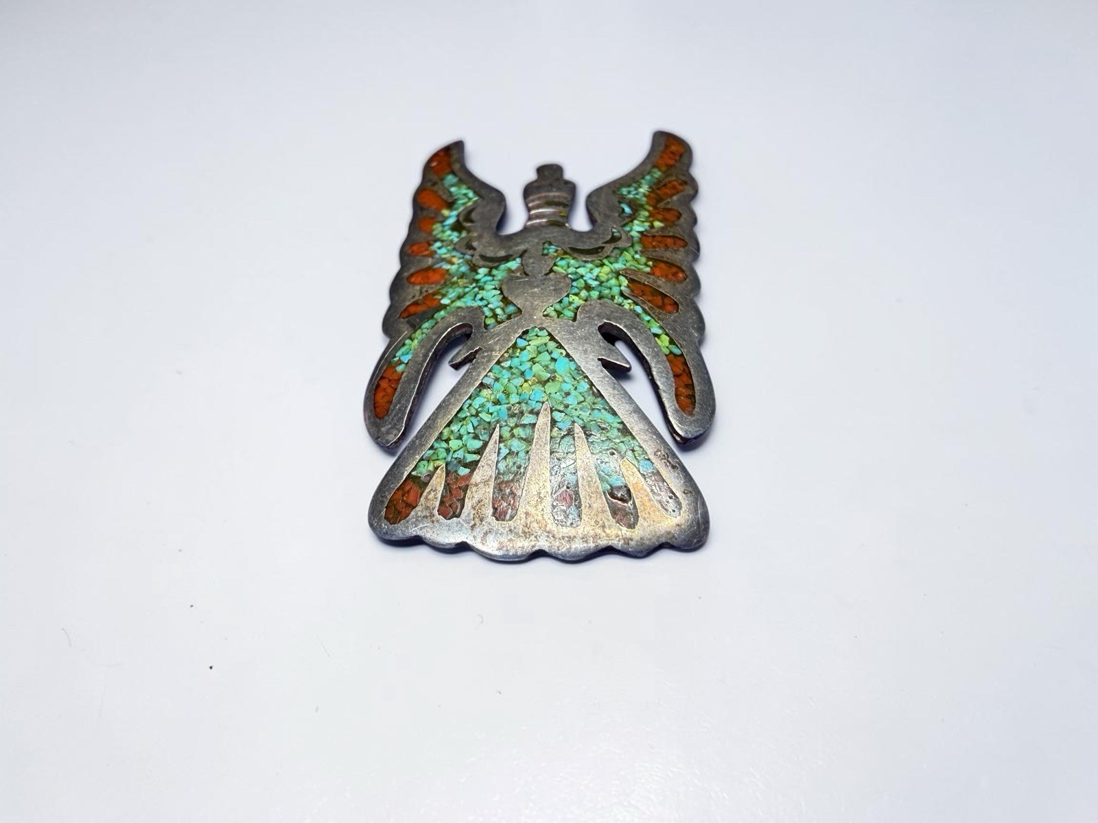 Navajo Juan T. Singer JTS Sterling Silver Turquoise Coral Thunderbird Pin Brooch