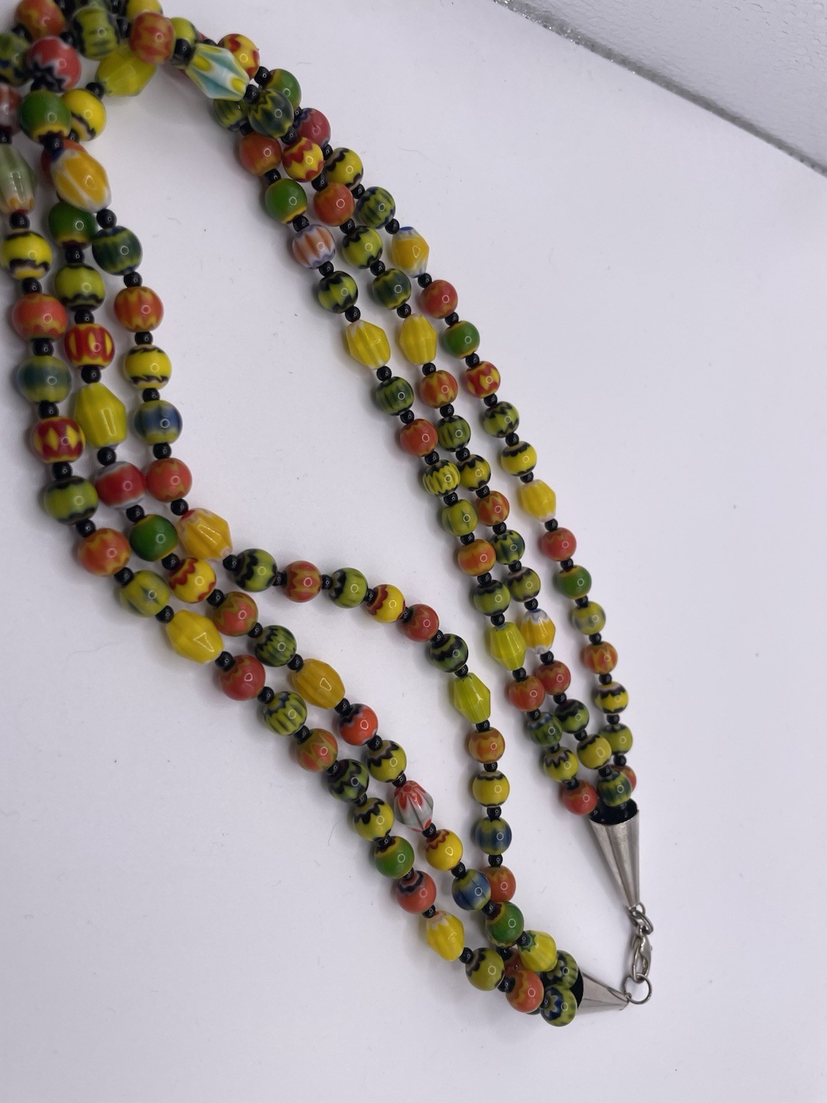 Vintage Glass Chevron Beads Three Strands Multicolor Silver Tone 19 3/4″