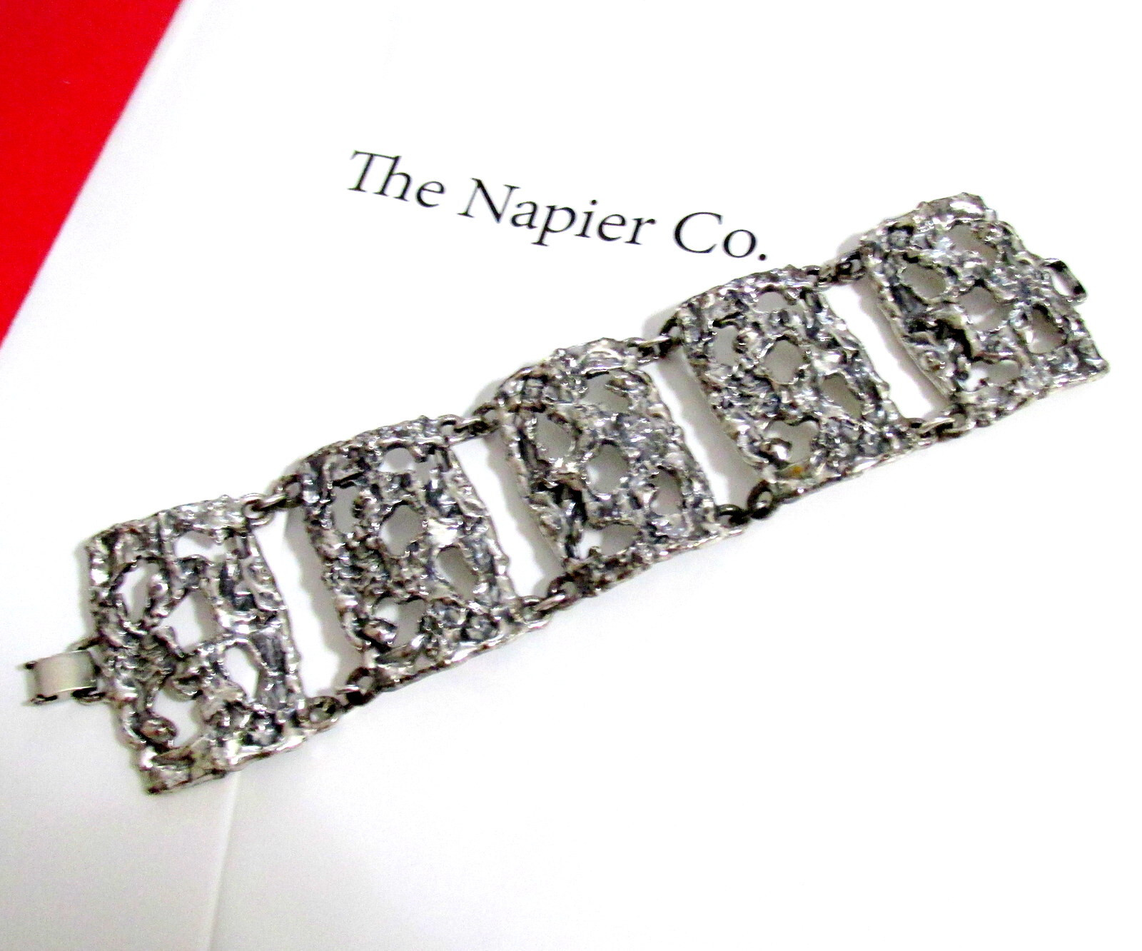 VTG RUNWAY EDGY NAPIER BRUTALIST SILVER BOOK PIECE BRACELET ’72 “MOLTEN METAL”