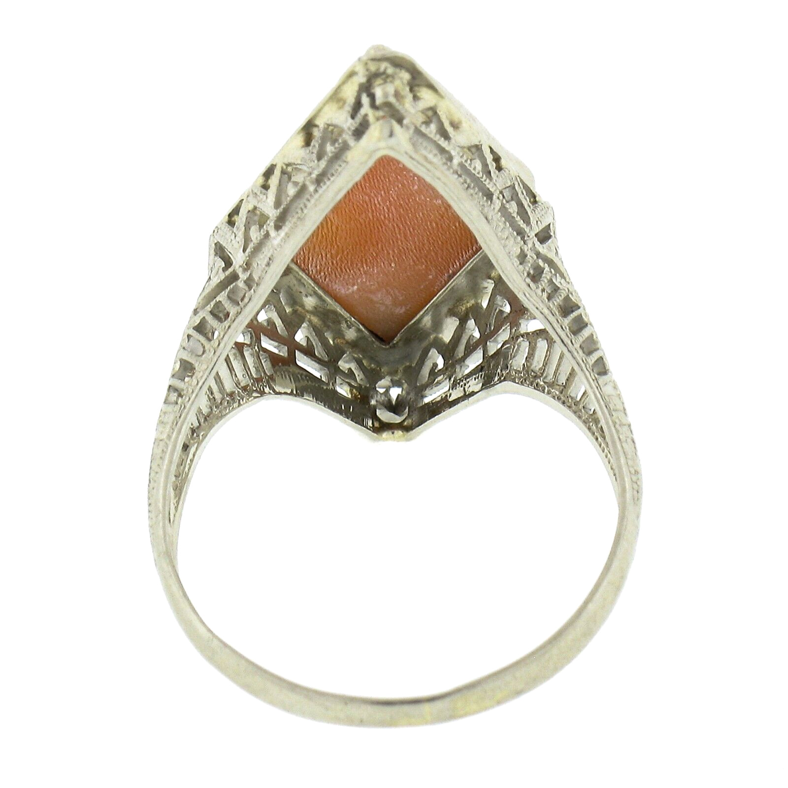 Antique Art Deco 14K White Gold Lozenge Shape Carved Shell Cameo Filigree Ring