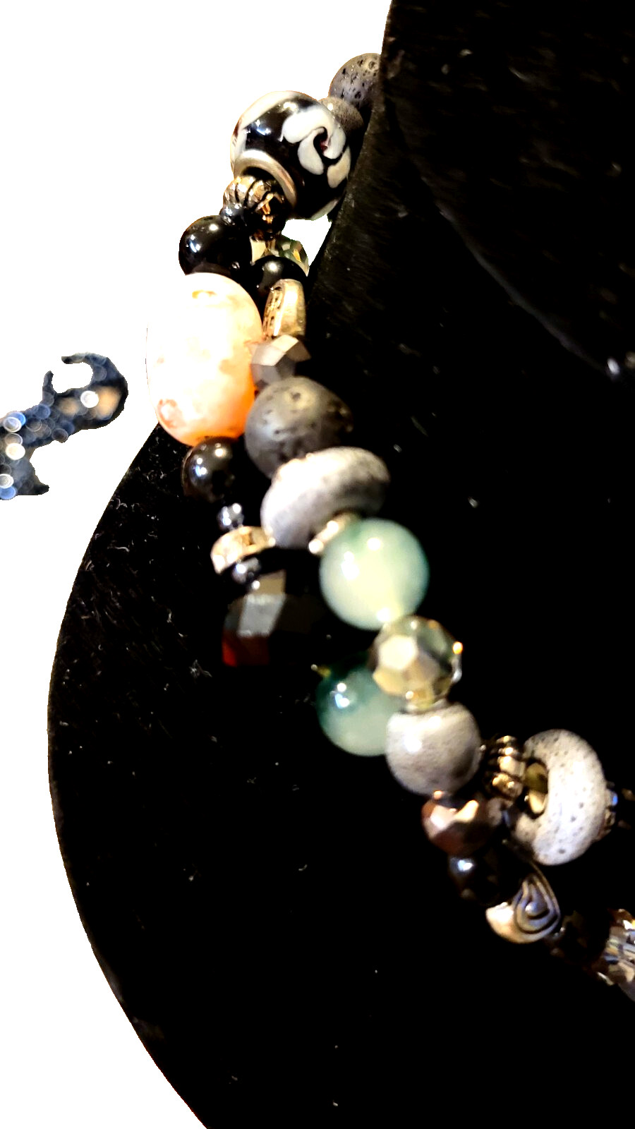 30″ necklace, rich green jadeite, black lava stone, lamp work, agate, silver.