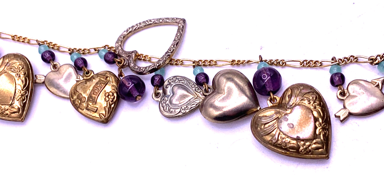 Vintage Lucy Isaacs Charm Necklace puffy hearts Victorian beaded extra long