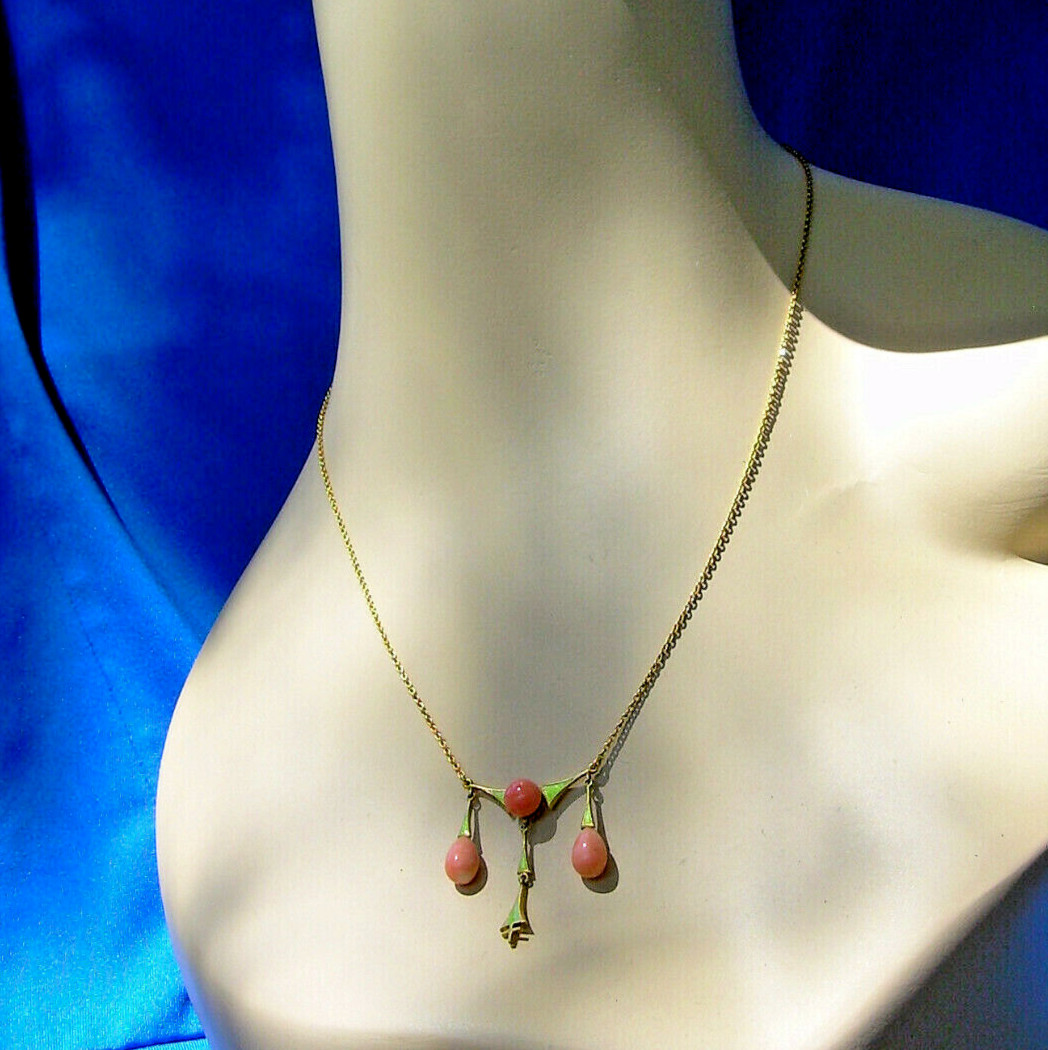 ORIGINAL Art Deco Coral Guilloche Enamel Necklace Solid 14K GOLD 18″ inch Chain