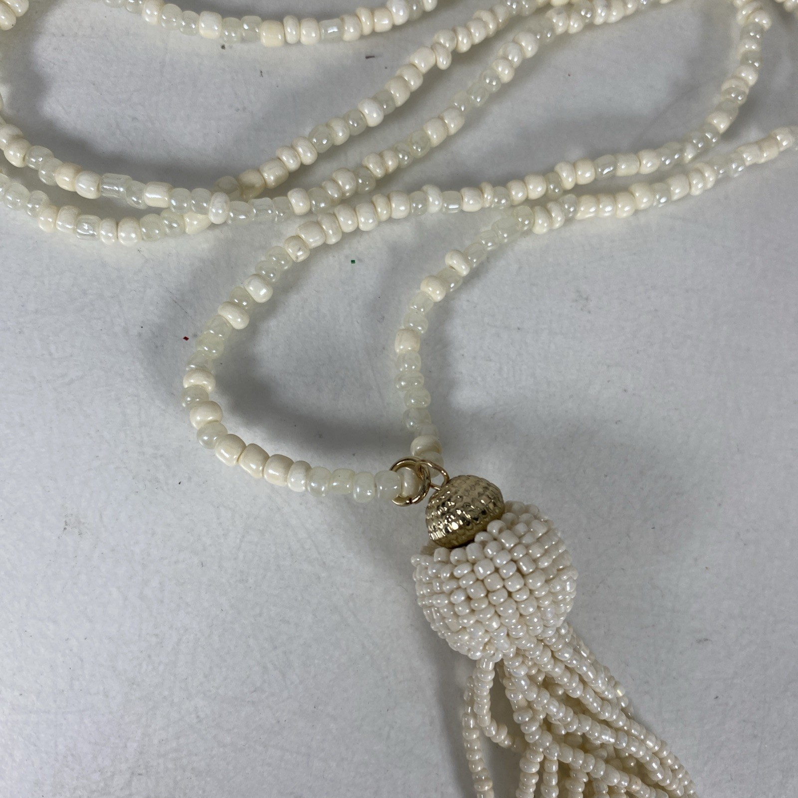 Vintage Beaded Long Necklace Tassel Off White Cream