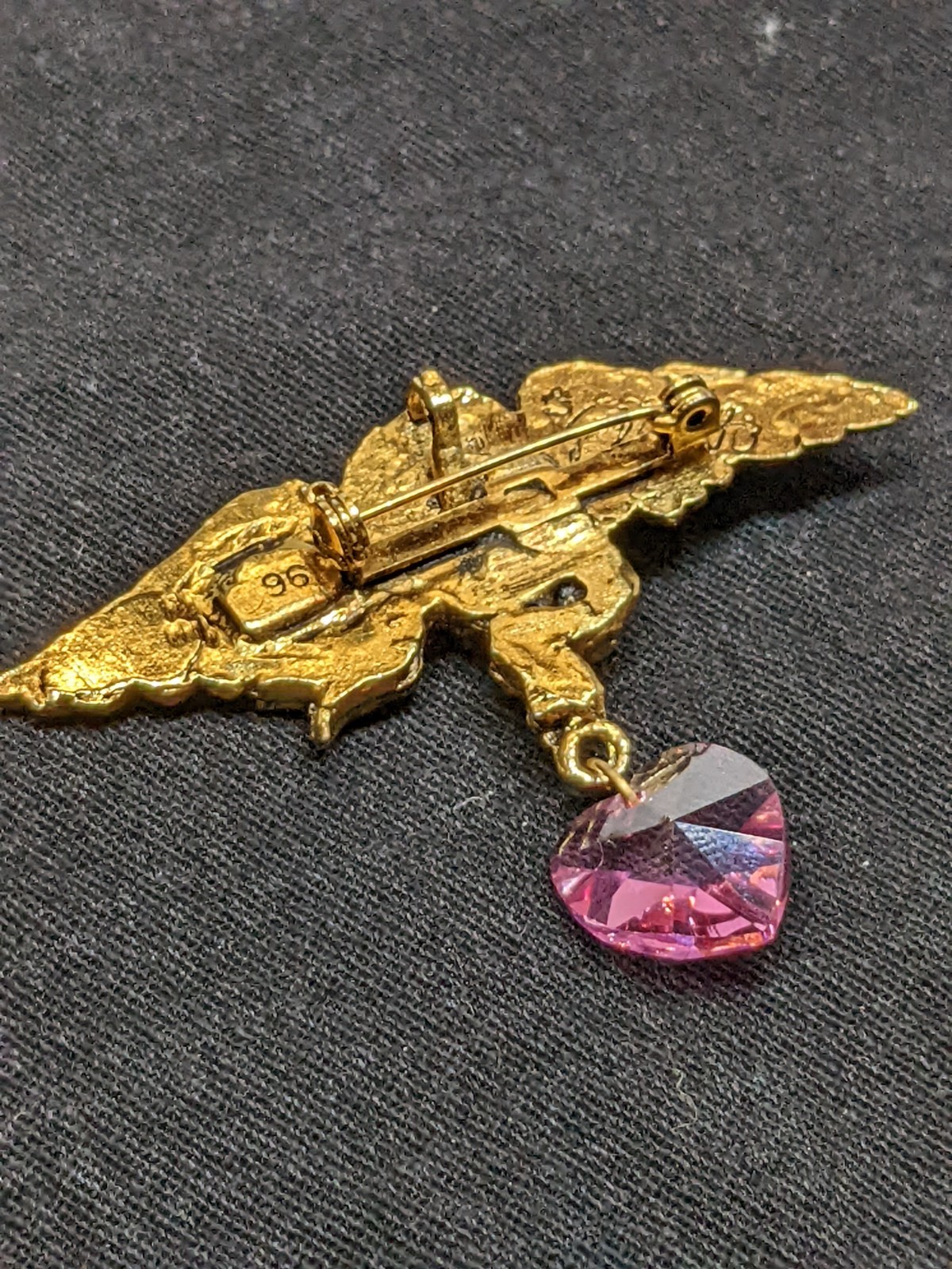 Vintage Signed Cherub Angel Brooch Pink Crystal Heart Dangle Gold Tone Pin 2.5″