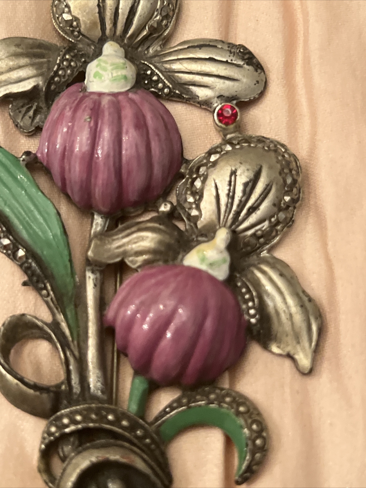 antique pin Flower Enamel Paint Rhinestone Marcasite Metal 4.25” brooch large