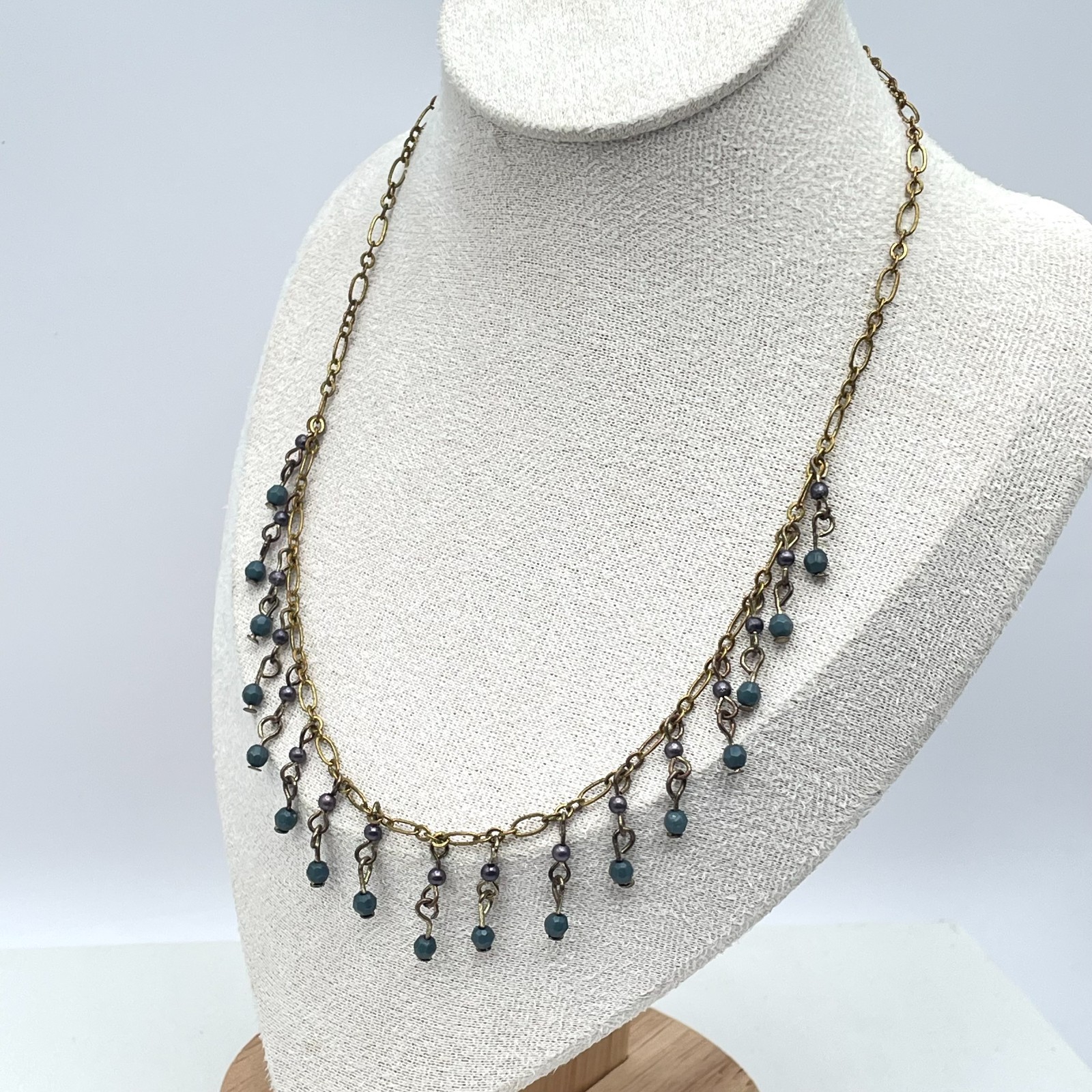 Vintage 90s Y2K Boho Gold Tone Fringe Bib Necklace Beaded Statement Necklace