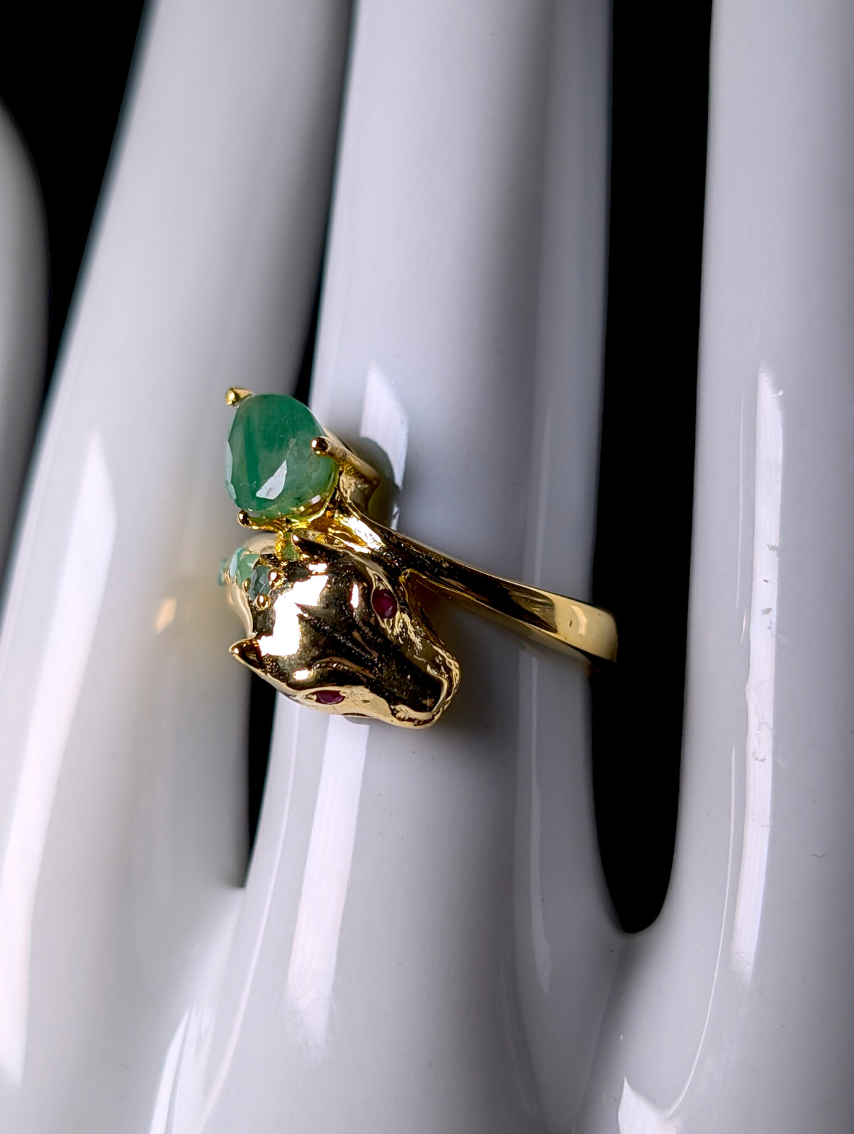 Vintage Genuine Emerald and Ruby Eyed Panther Wrap Cross Over 14kt Gold over Ste