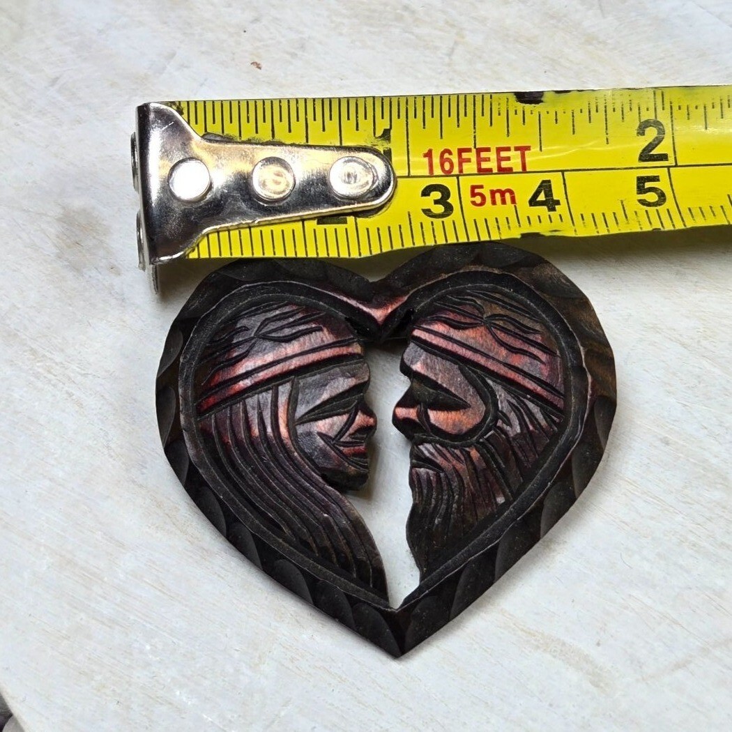 Vtg Hokkaido Wood Carved Heart brooch Artist signed Rare Jewelry dated 1965