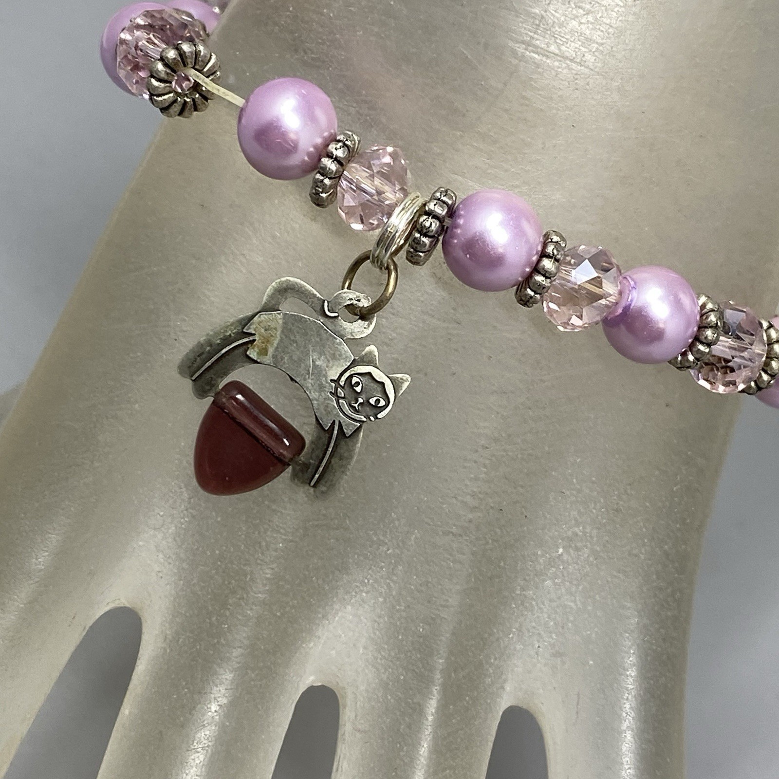 Purple Glass Bead Bracelet Sterling Silver Cat Dangle Charm Faceted Stretch 6.75