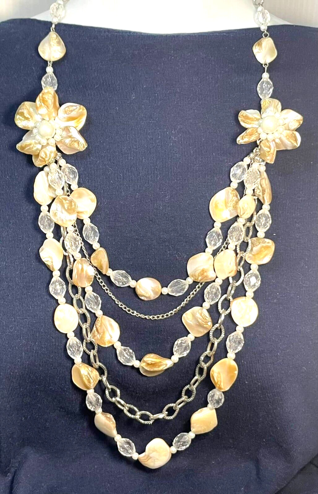 Seashell Statement Multi Strand Necklace Mother of Pearl Beads Flower Pendants