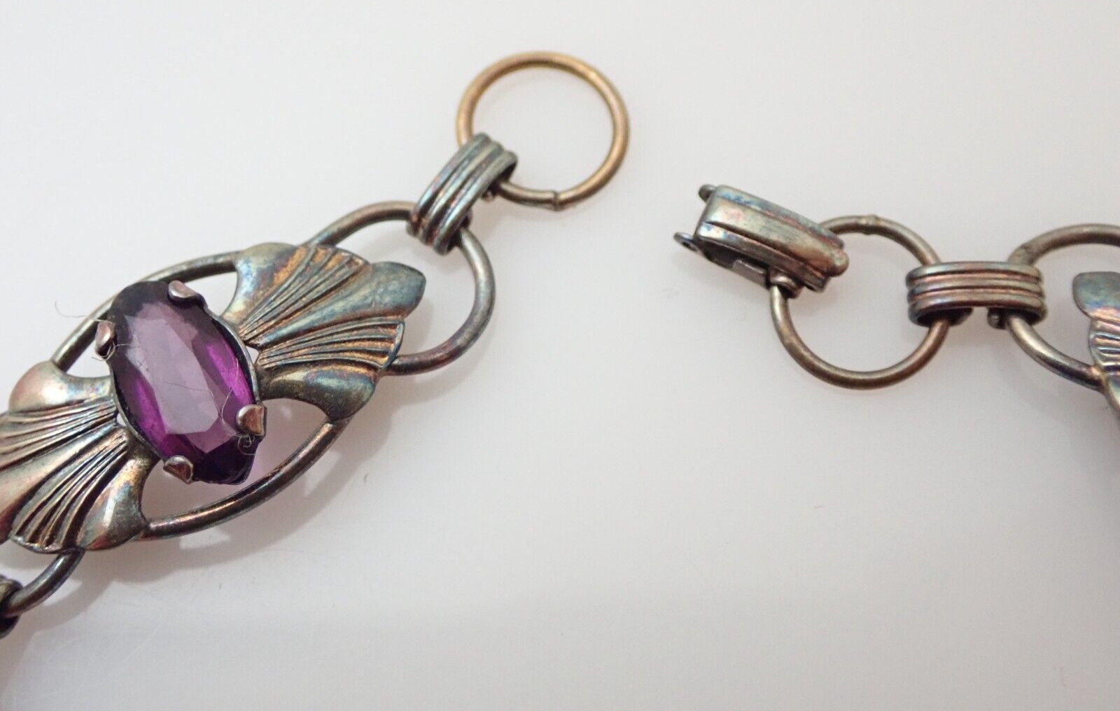 Vintage 12k Gold Filled Sterling Silver Purple Glass Stone Link 7.25″ Bracelet