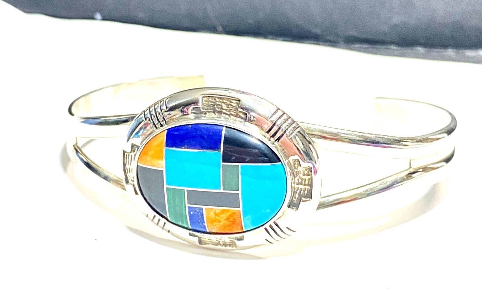 Vintage Sterling Multi-gem Inlay Carolyn Pollack Cuff Bracelet 2 1/2″ 2.5″