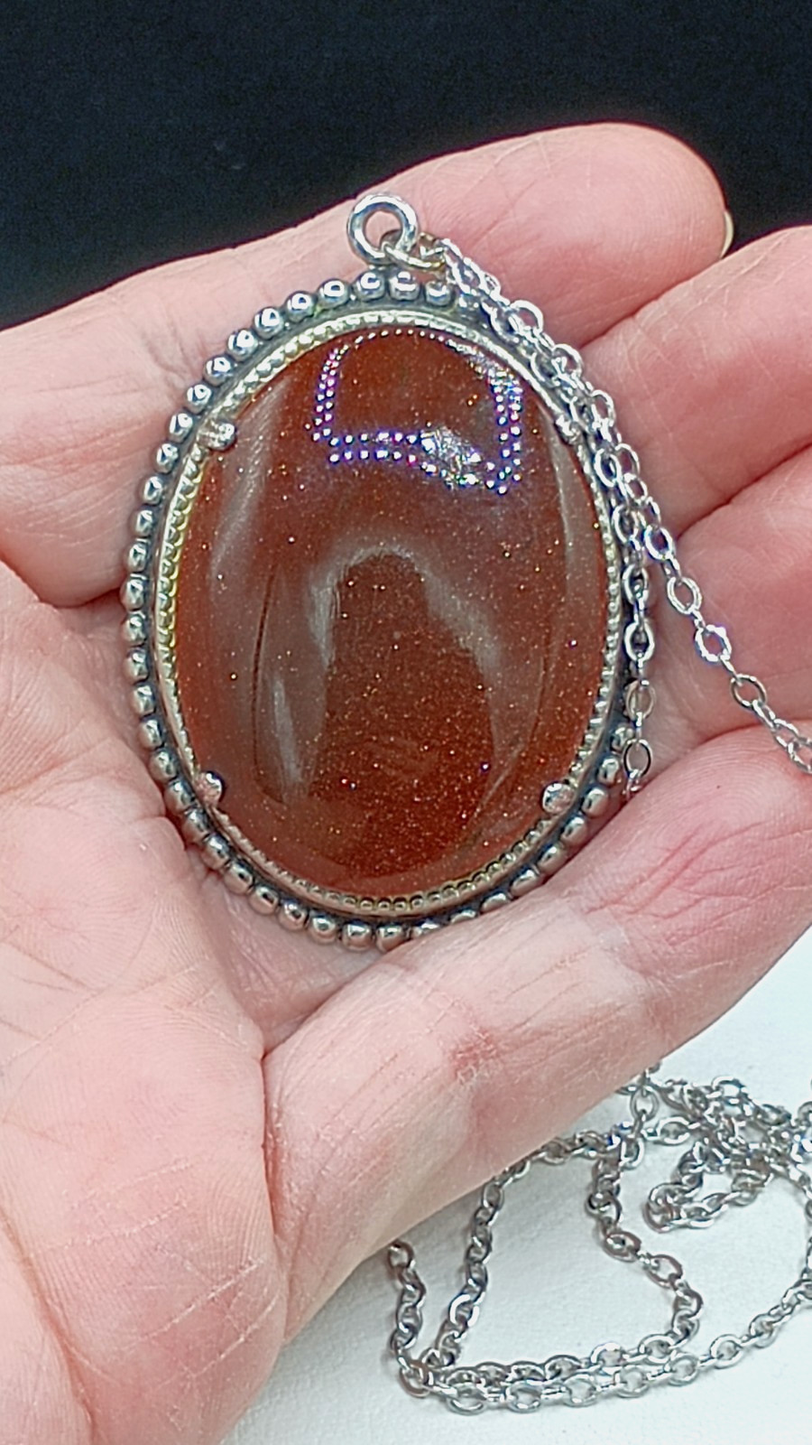 Vintage Goldstone Necklace Clip On Earrings Set Silver Tone