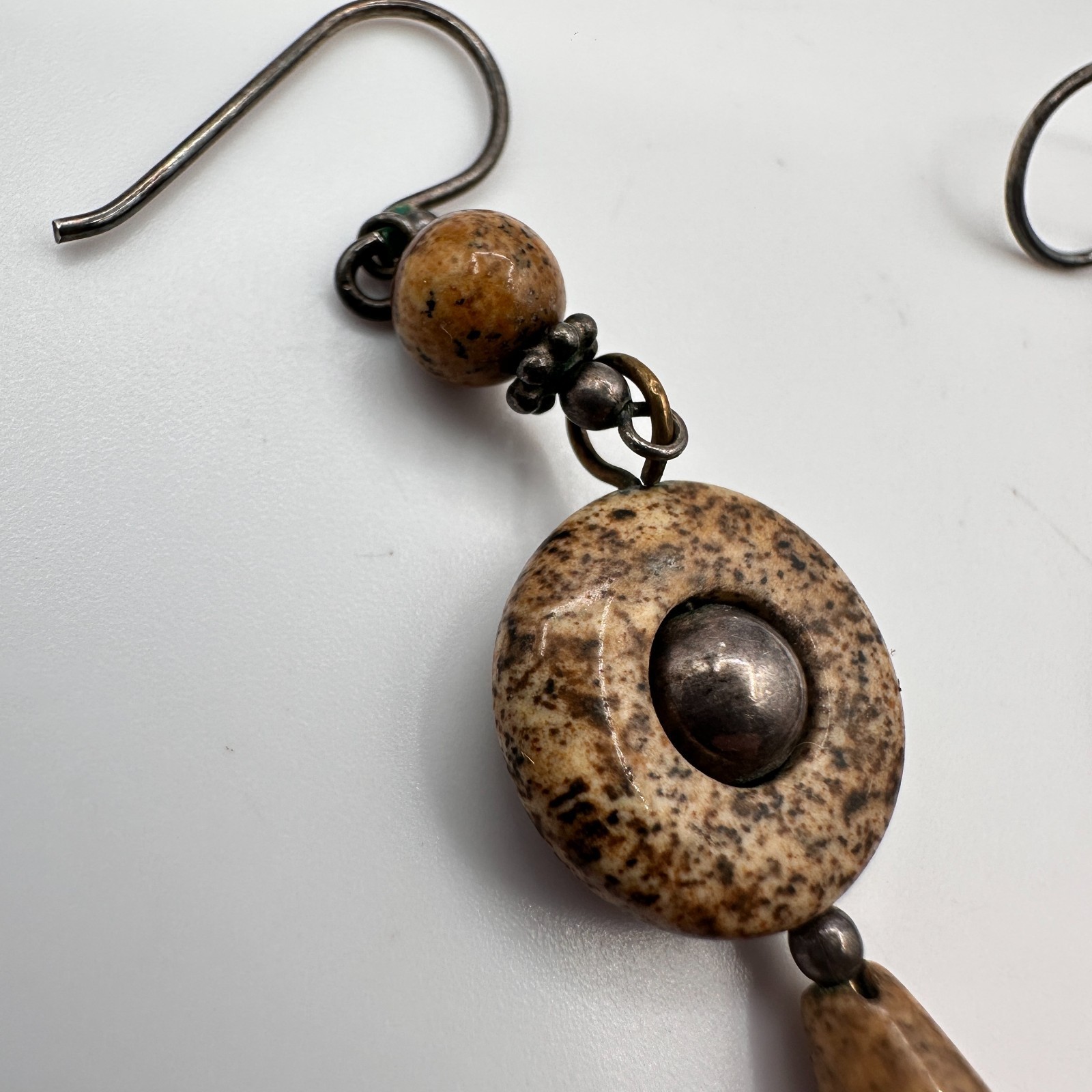 Vintage 90s Natural Jasper Stone Dangle Earrings Brown Boho Earthy Drop Jewelry
