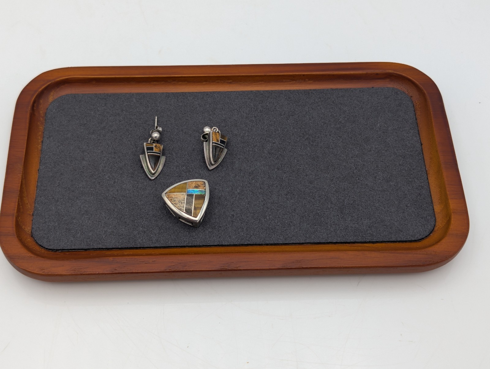 Native American Sterling Silver Inlay Earrings + Pendant Set Tiger Eye Opal Zuni