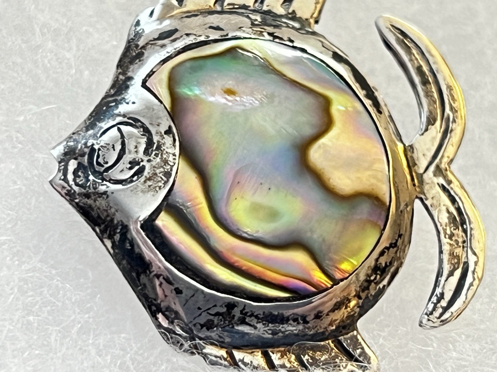 Vintage Taxco Mexico FRH 925 Sterling Silver Abalone Fish Pin Brooch Artisan Mex