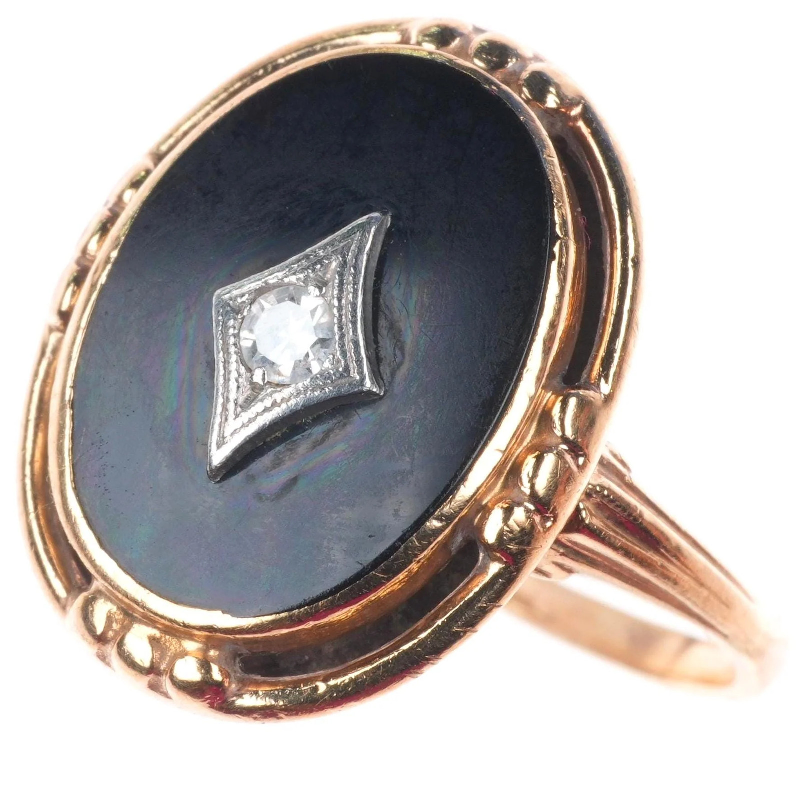 sz7.5 Antique 14k yellow gold diamond, platinum onyx women’s size 7.5 ring