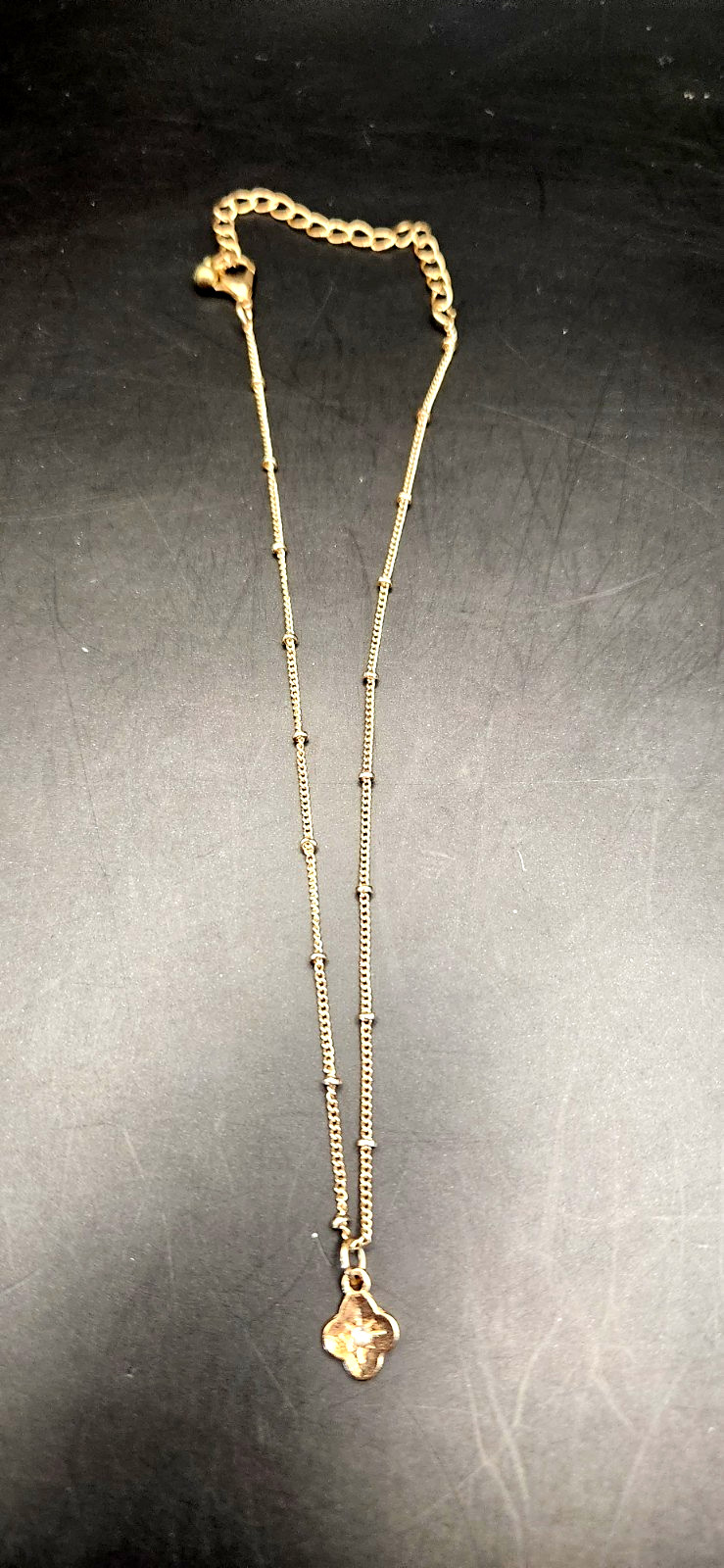 Rosary Chain Gold Necklace w/Clover Gold Pendant & Clear Gemstone 14″ Adjustable