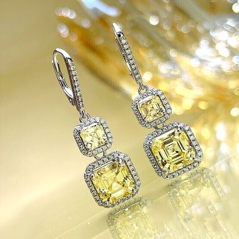 Art Deco Asscher Cut Citrine Lab Created Diamond Engagement 925 Silver Earrings