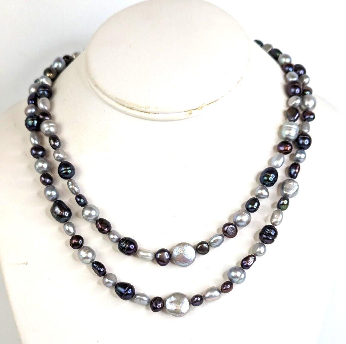 Genuine Baroque Pearl Black Peacock Luster and Silver Gray Necklace 36″ Stunning