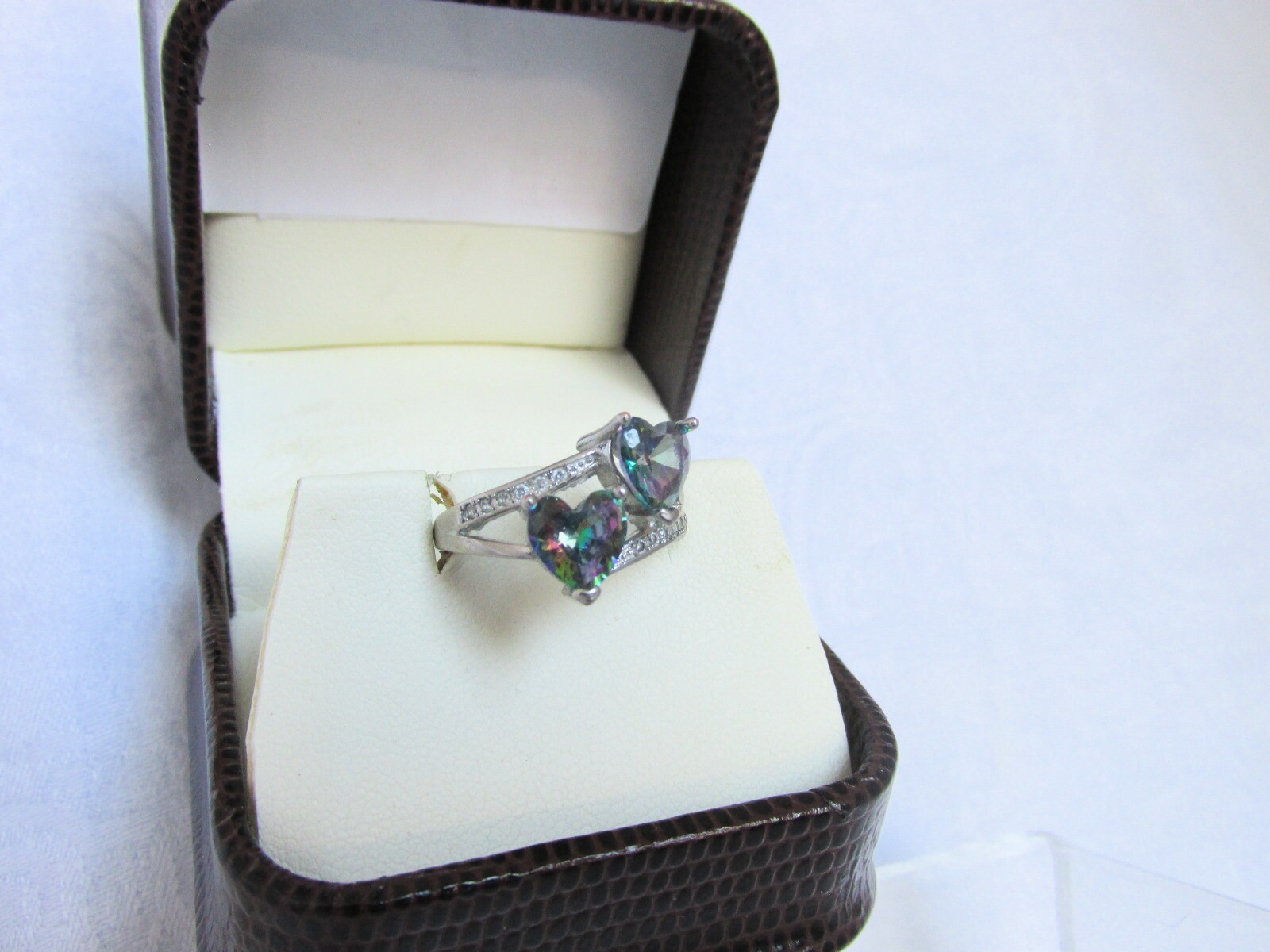 Vintage 925 Sterling Silver Mystic Topaz Double Hearts Ring Signed Sz 6